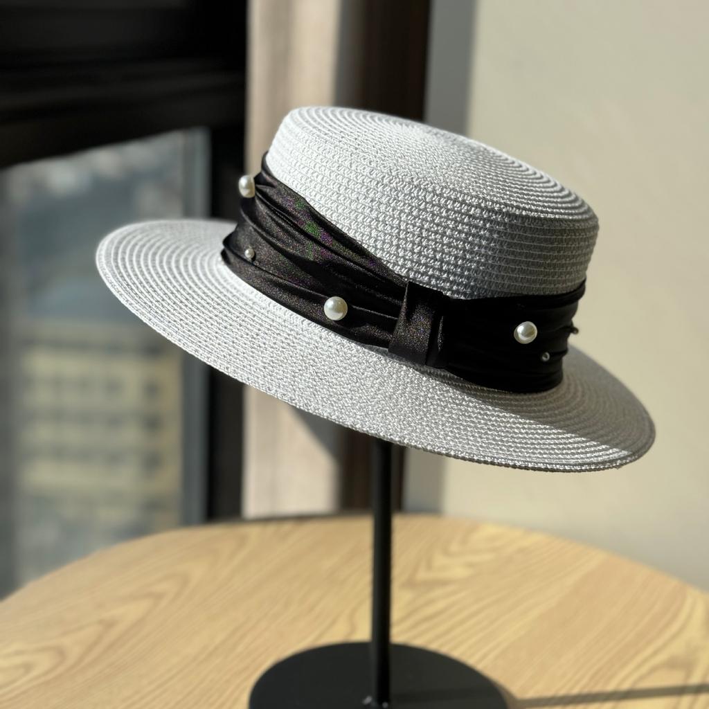 Retro French Pearl Flat Top Top Hat Women's Spring and Summer Travel Sunscreen Sunshade Straw Hat