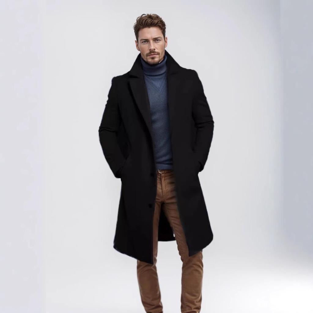2025 European Men's Woolen Mid-Length Single-Breasted Fashion Overcoat