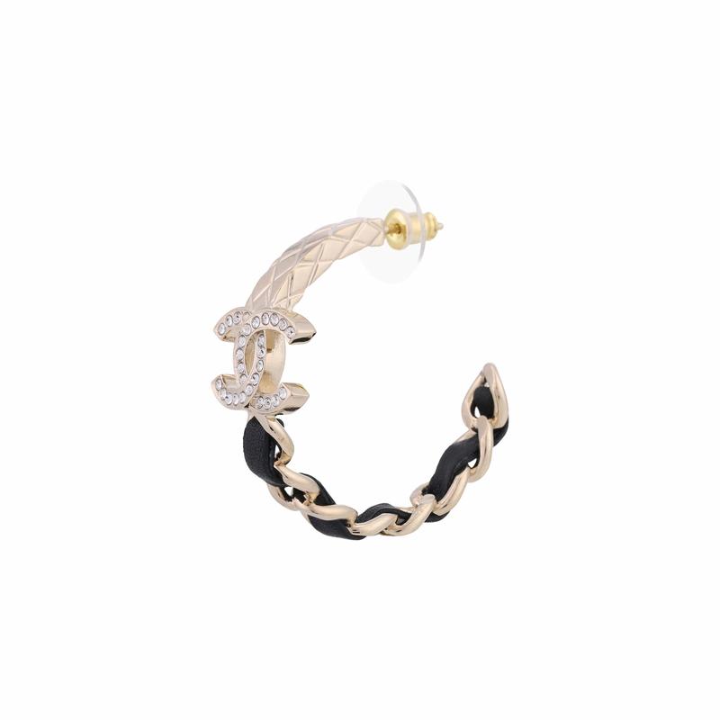 CHANEL Logo Metal Calfskin Rhinestone Earrings Women's Black/Gold