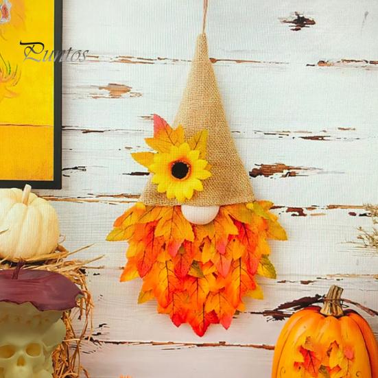 Front Door Hanging Wreath Autumn Gnome Maple Leaf with LED Lights, Rustic Pointed Hat Fall Hanging, Farmhouse Harvest Thanksgiving Home Decor Vintage