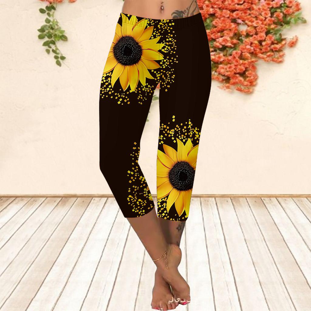 Lange Hosen, kurze Sommerleggings, kurze, enge Hosen, Übergrößen-Leggins, schmal geschnittene lange Hosen für Damen mit 3D-Sonnenblumen-Aufdruck