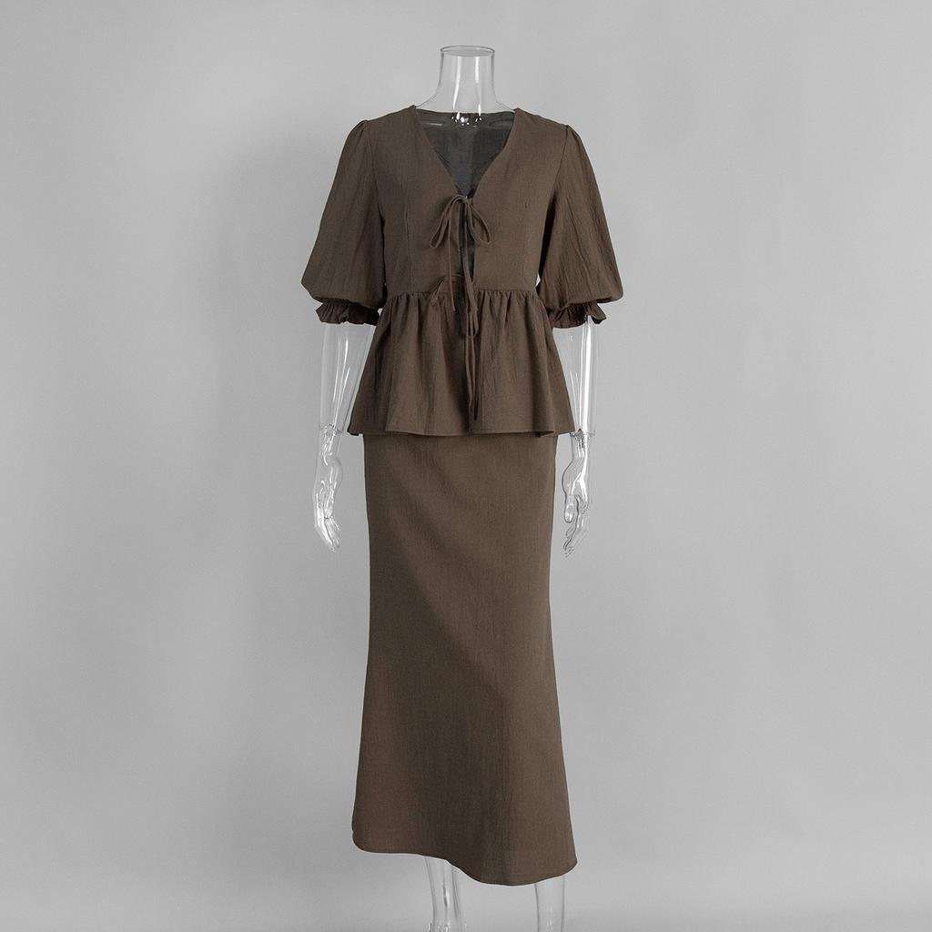 Summer New V-neck Short Sleeve Ruffled Trim Long Midi Skirt Two Piece Set Outfit Women's Casual European American Style