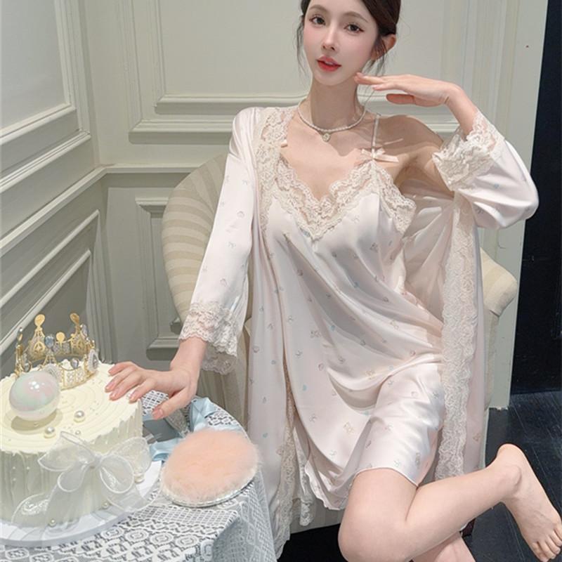 Ice silk pure desire wind suspender nightdress spring and summer sexy lace nightgown high sense two-piece set sweet loungewear women