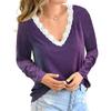 2024 New Autumn and Winter Casual Loose V-neck Stitching Lace Long-sleeved T-shirt Women