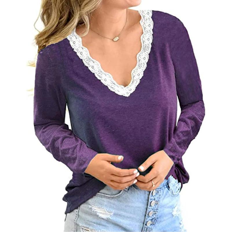 2024 New Autumn and Winter Casual Loose V-neck Stitching Lace Long-sleeved T-shirt Women