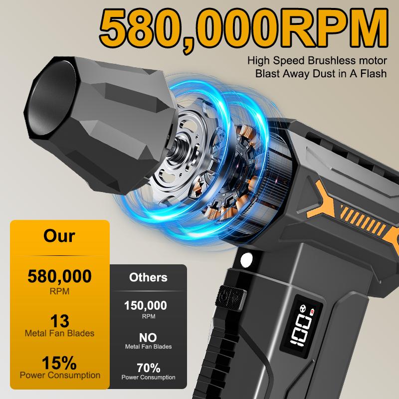2026 New 580000RPM Powerful Turbo Blower Usb Rechargeable Cordless Vacuum Cleaner Strong Wind Pressure Led Lighting Car/ComputerCleaning