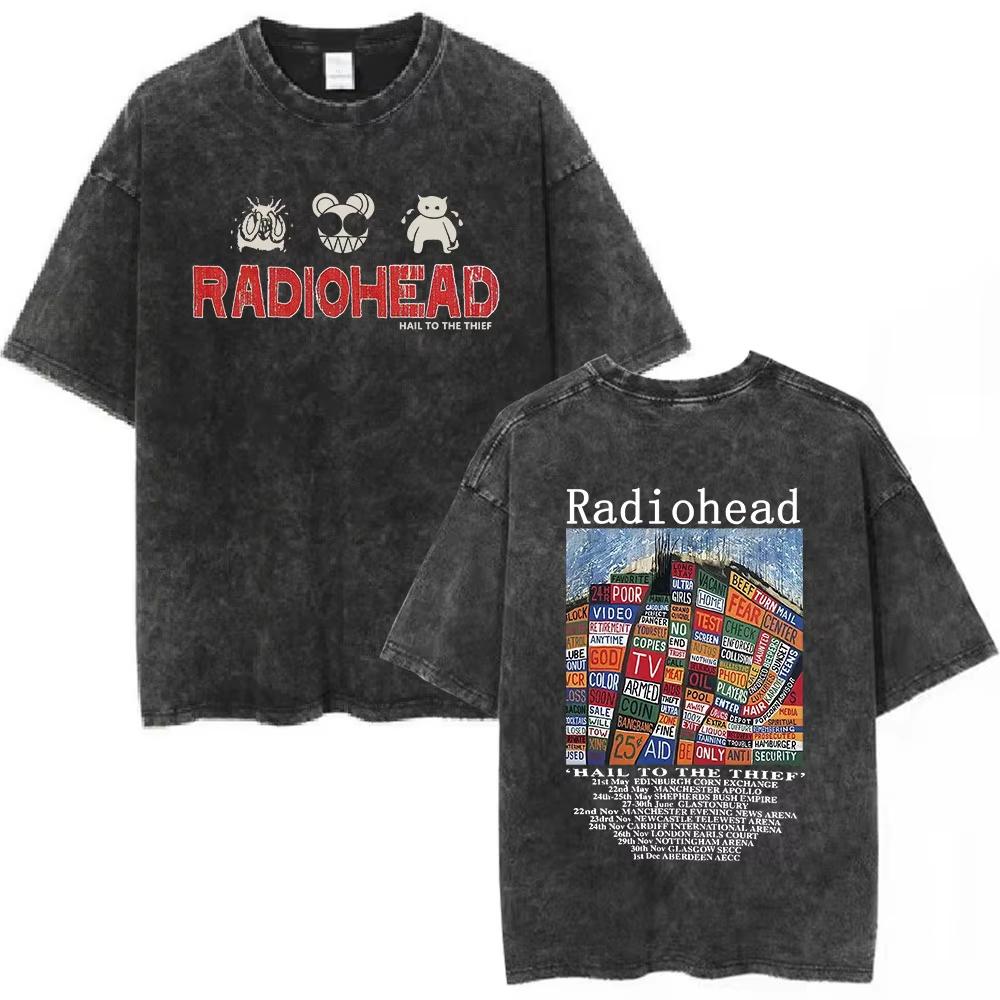Radiohead Rock Band OK Computer Vintage Spierane Koszulki Męskie Damskie Moda Hip Hop Koszulka Bawełniana Casual Koszulki Streetwear