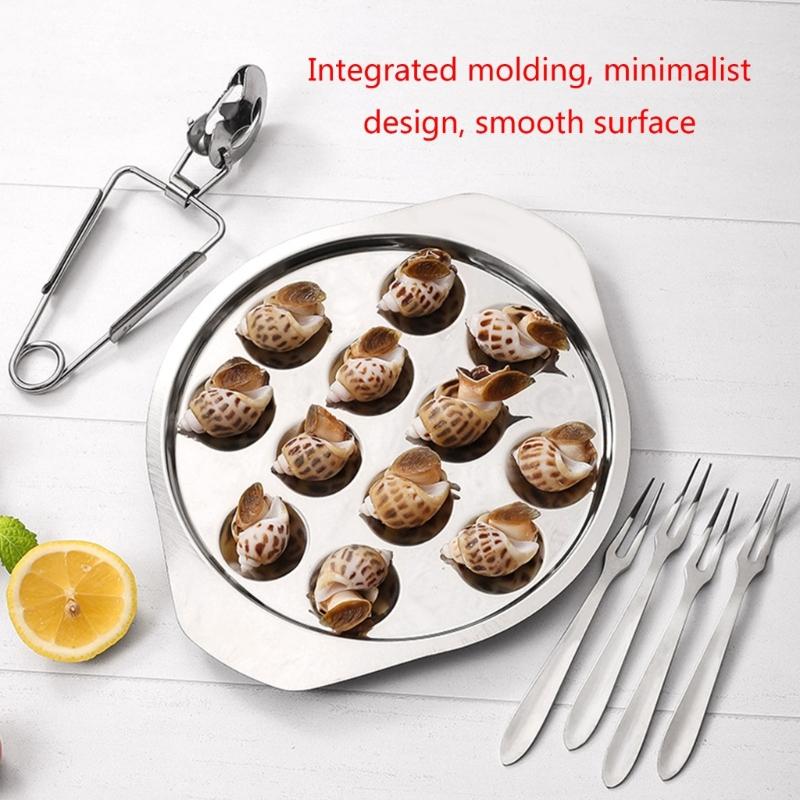 Metal Seafood Utensils Stainlesss Steel Escargots Dish and Tongs Set Snail Bakings Plate with Clamps Kitchenwares