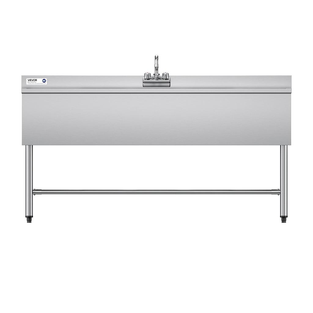 3 Compartment Sink, 18-Gauge 304 Stainless Steel, 254x356x254 mm Bowl Size, 3 Bay Commercial Under Bar Sink with Double Drainboard and Backsplash for