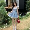 New summer French retro blue plaid small flying sleeves love dress high-end tutu skirt female tide