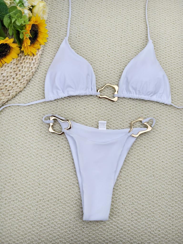 2025 Solid Color Bikini Women's Sexy Metal Buckle Briefs Split Swimsuit Fashion Bikini