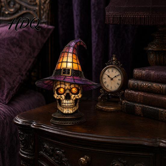 Halloween Room Decor Witch Hat Lamp Stained LED Light Table Lamp with Warm Glow Gothic Reading Nook Night Light for Bedroom Mantel Bookshelf