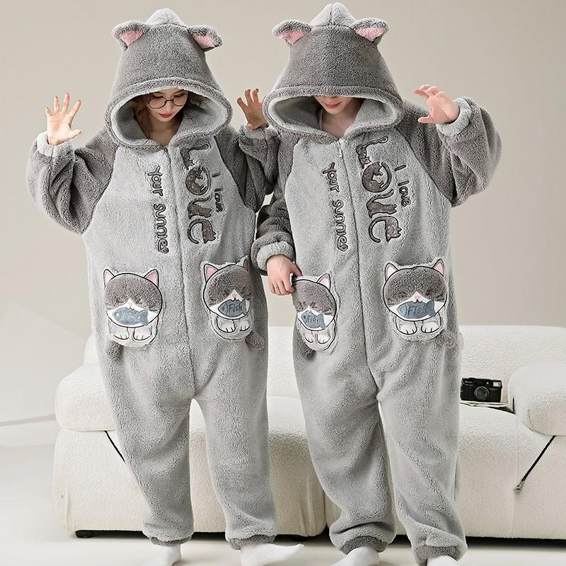 Couples Flannel Dinosaur Onesie Winter Warm Hooded Sleepwear Men Women