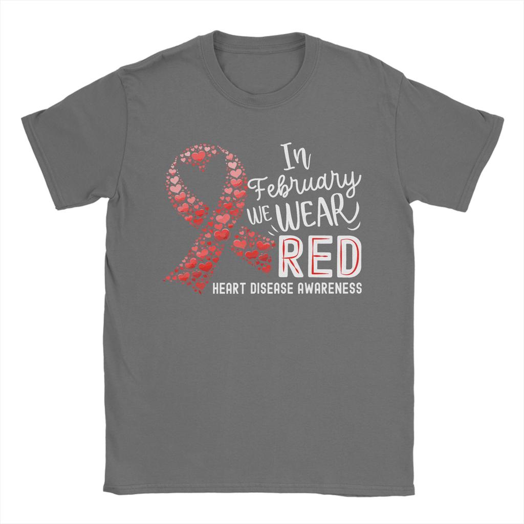 Unisexs In February We Wear Red Heart Disease Awareness Month Ribbon T Shirts  Pure Cotton Clothing Awesome Round Collar Tee Shirt