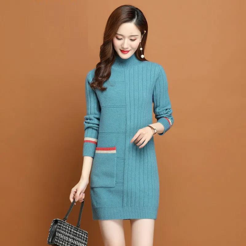Half Turtleneck Solid-color Knitted Sweater for Women Thickened Sweater Loose Mid-length Pullover Autumn and Winter