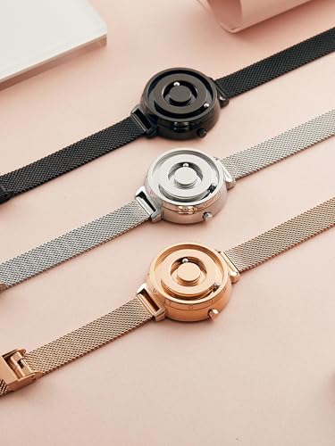 EUTOUR Women's Magnetic Quartz Watch, Minimalist Casual Analogue Watch, Stylish, Waterproof, 36mm, Black Dial, Black Stainless Steel Band, Mesh Strap