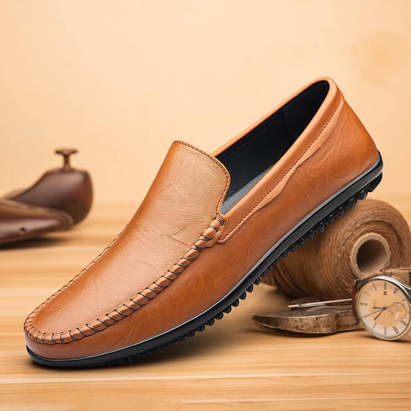 Fashion Non-Slip Lightweight Men Business Shoes Slip-On Comfortable Flat Men's Genuine Leather Loafers Casual Breathable Soft Sole Shoes