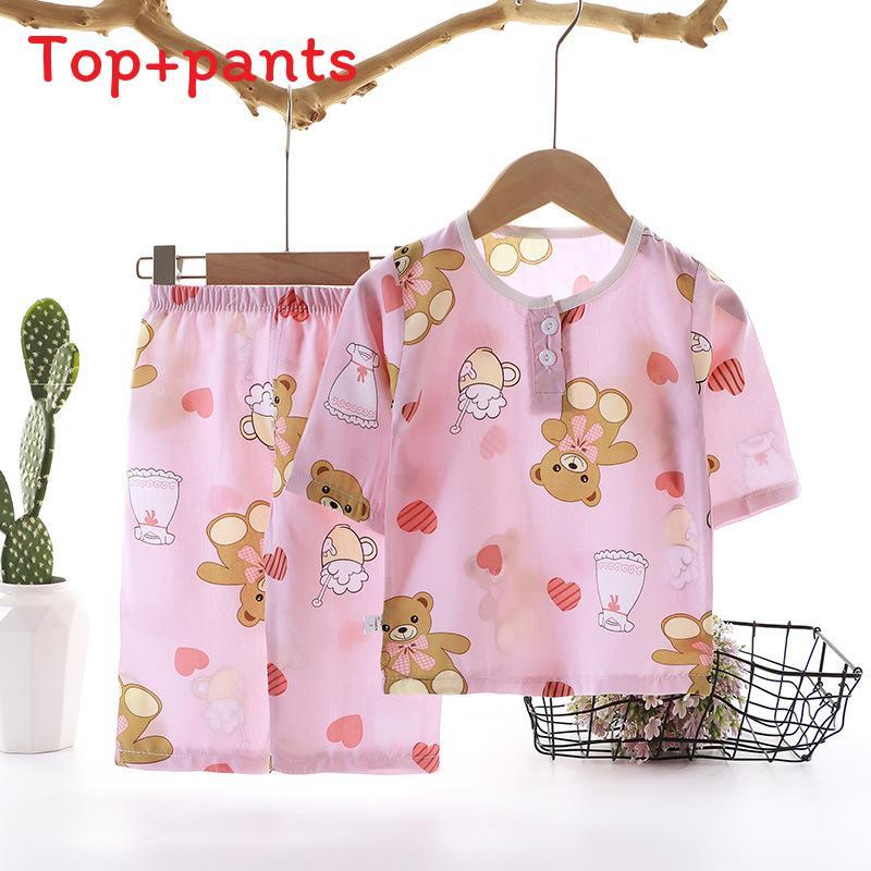 Cartoon Dinosaur Kids Sleepwear Set With Breathable Cotton Silk For Summer Comfort