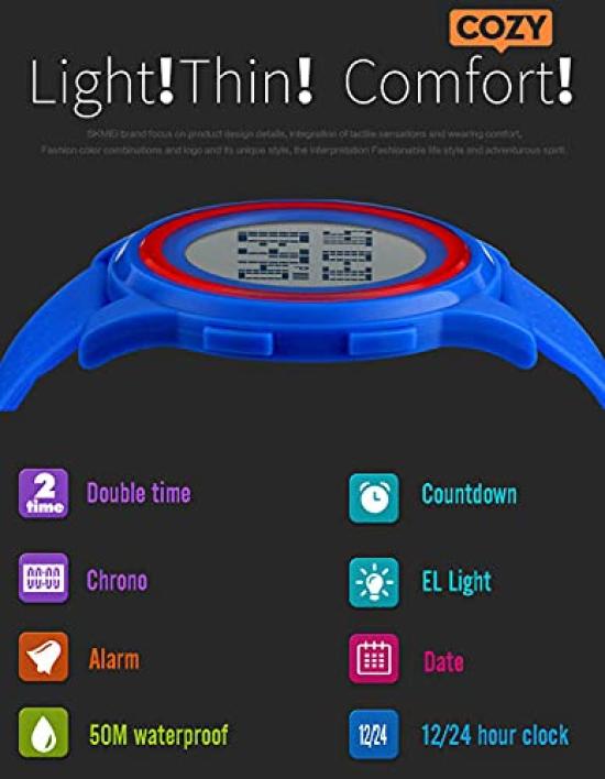 SKMEI Sports Digital Watch Time Daily Enhanced Japanese Instruction Manual Double Time Countdown [GAWZ JAPAN] Ultra-thin [5 Colors] Set, Waterproof,