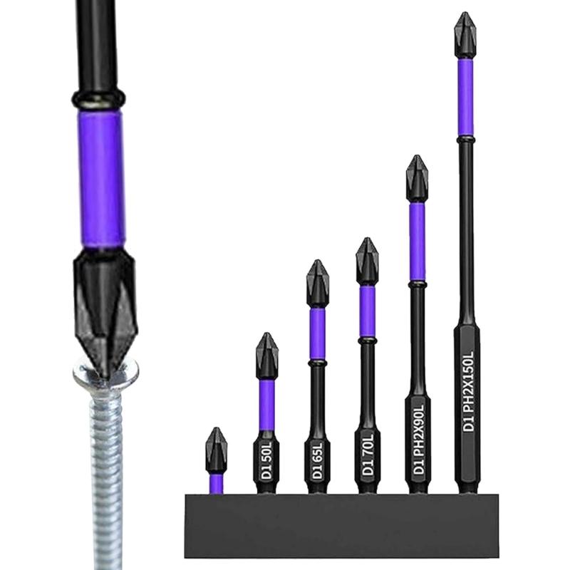 6Pieces Magnetic Non-Slip Drill Bit Portable Magnetic Bit Set Shockproof PH2 Impact Driver Bit Set Magnetic Head