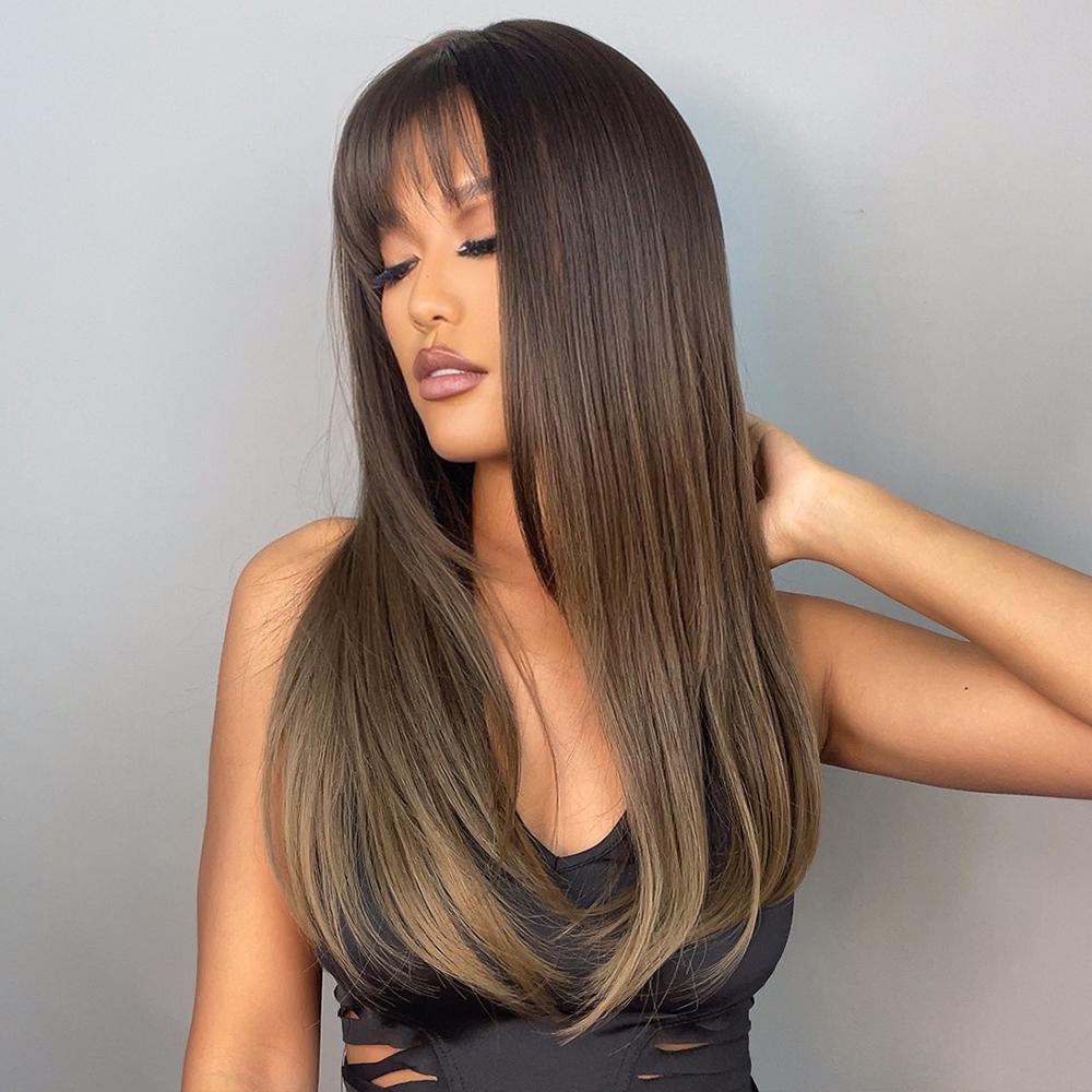 HENRY MARGU Ombre Dark Black Brown Synthetic Wigs with Bangs Layered Hair Wig for Black Women Party Cospaly Heat Resistant