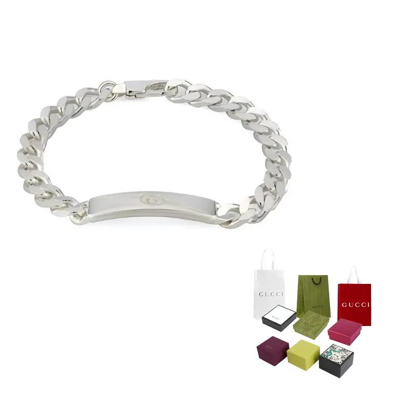 Gucci GG Supreme Horsebit Kette Twill Ineinandergreifende Doppel-G Gravierte Schließe Glänzendes 925 Silber Armband Unisex-Armband 774054-J8400-8106