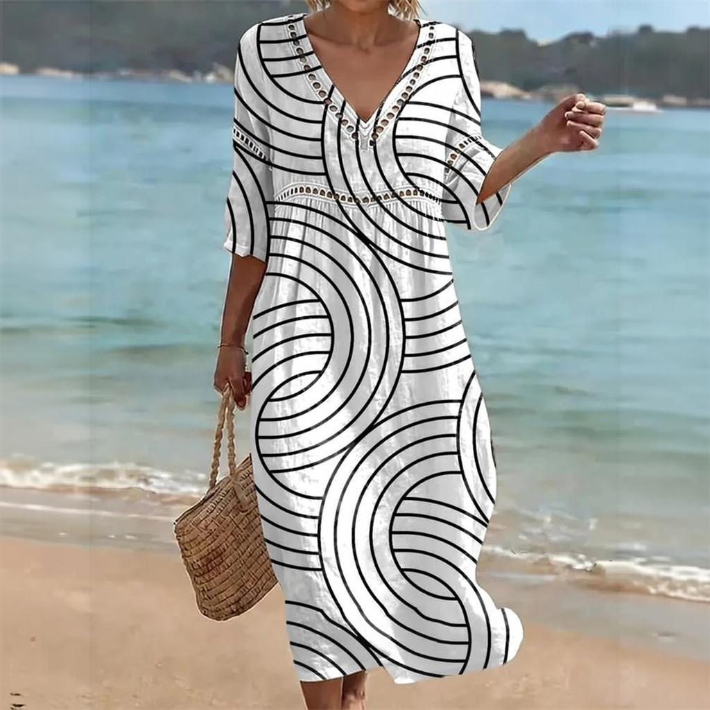 Women's V-Neck Midi Dress Floral Print Casual Summer Beach Sundress