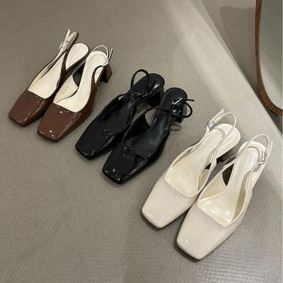 Square Head Low Heel Light Mouth Single Shoes French Versatile Patent Leather Thick Heel Medium Heel Bag Head Sandals