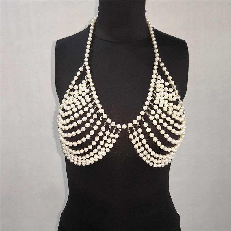 Female Pearl Waist Chain Bra Top for Party Nightclub Sexy Pearl Beaded Body Chain Bralette