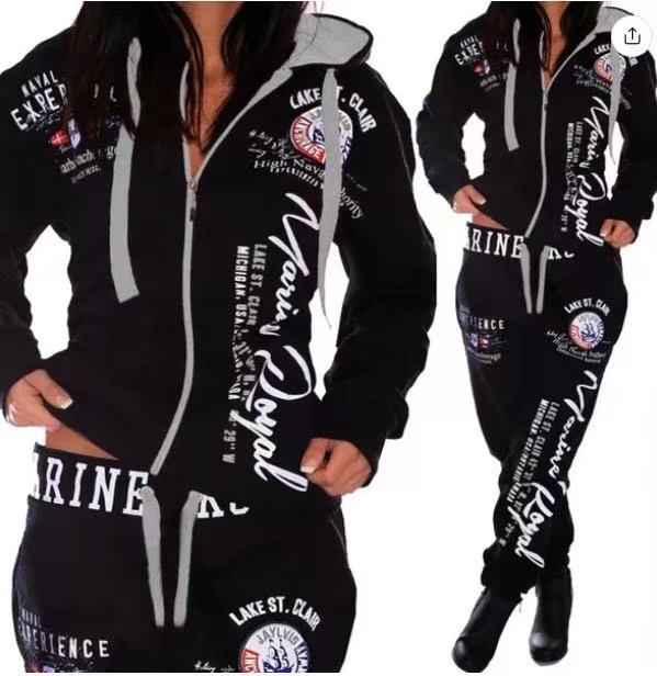 Damen Color Block Buchstabendruck Reißverschluss Hoodie & Jogginghose Zweiteiliger Trainingsanzug Lässiges Sport-Outfit L schwarz