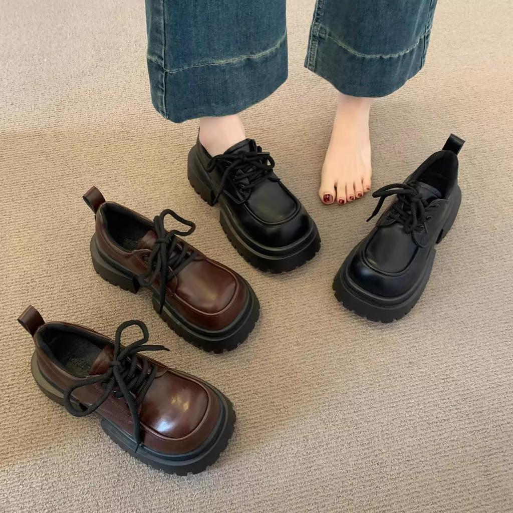 Loafers dame 2025 ny vår og høst eksplosjon Mary Jane sko plattformsåle snøresko allsidige britiske små skinnsko