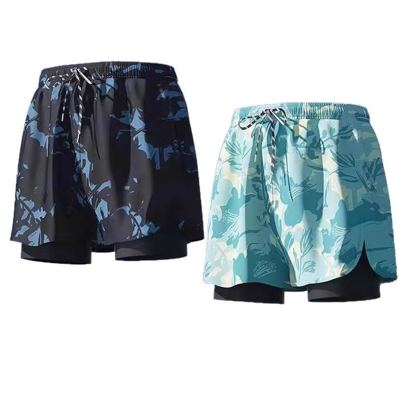 Mens Double-Layered Board Shorts Swim Trunks Quick-Dry Anti-Chafe Flat Front Beach Pool Surfing