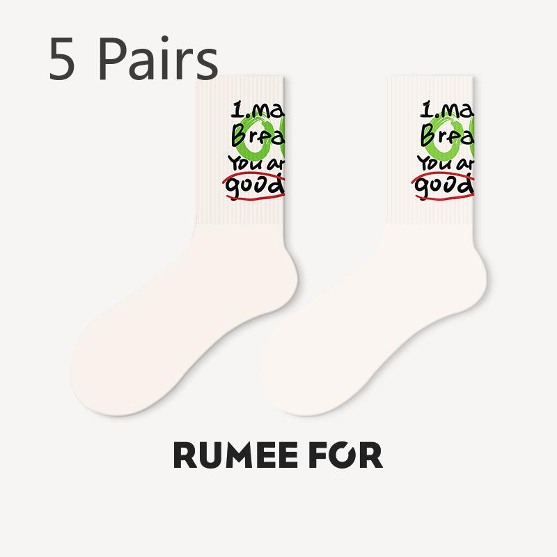 5 Pairs of Women's Spring Trend Letter Sports Mid Calf Socks