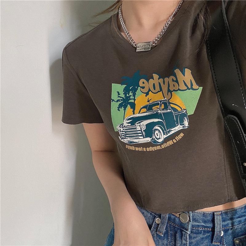 Versione Coreana di T-shirt Stampata Ins per Donna in Estate Larga Corta Esposizione Ombelico Chic Stile Hong Kong Nuovo Top a Maniche Corte Tendenza