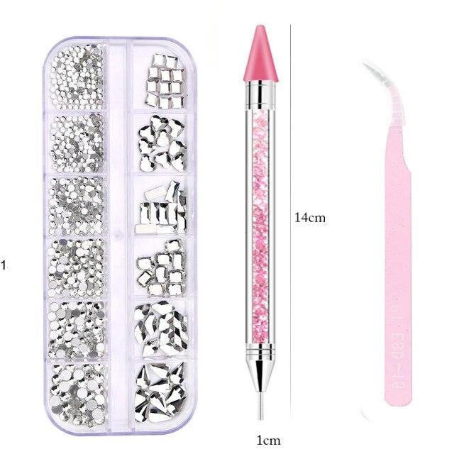 Neue Multi-Size 12 Grids Nagel Strass 3D Kristall AB DIY Nail art Dekorationen Kristall Diamant Edelstein 3D Nagel Schönheit