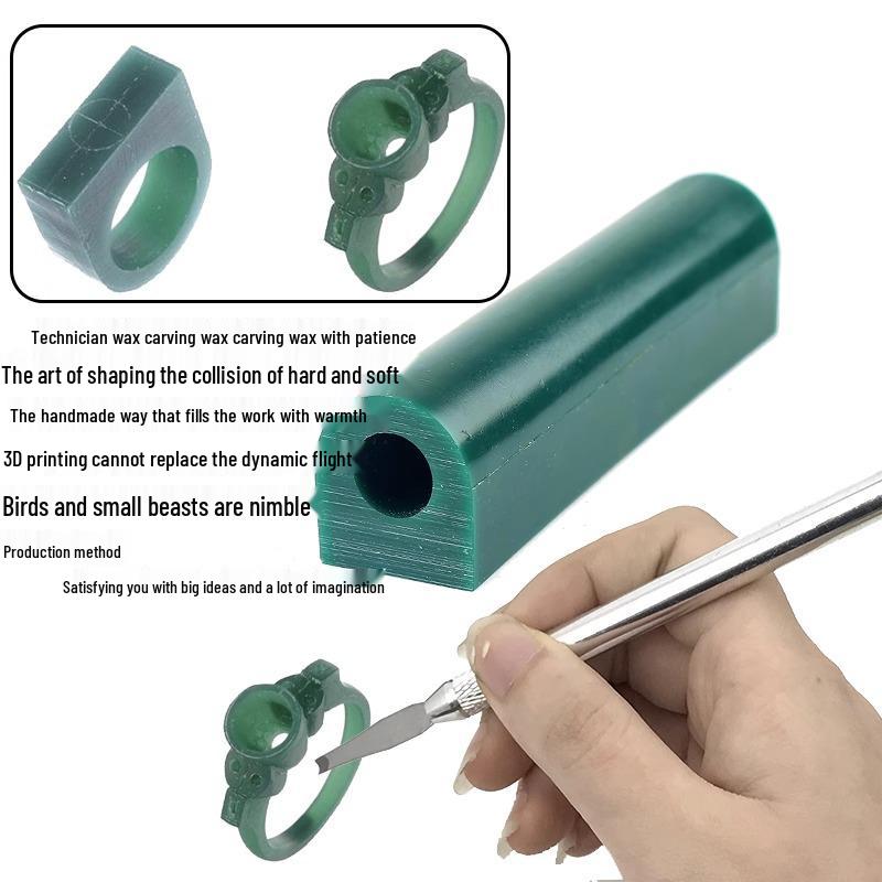 Jewelry Ring Wax Carving Kit: Wax Model, Casting Tube, Carving Tools, Technician Materials, and Jewelry Wax Block.