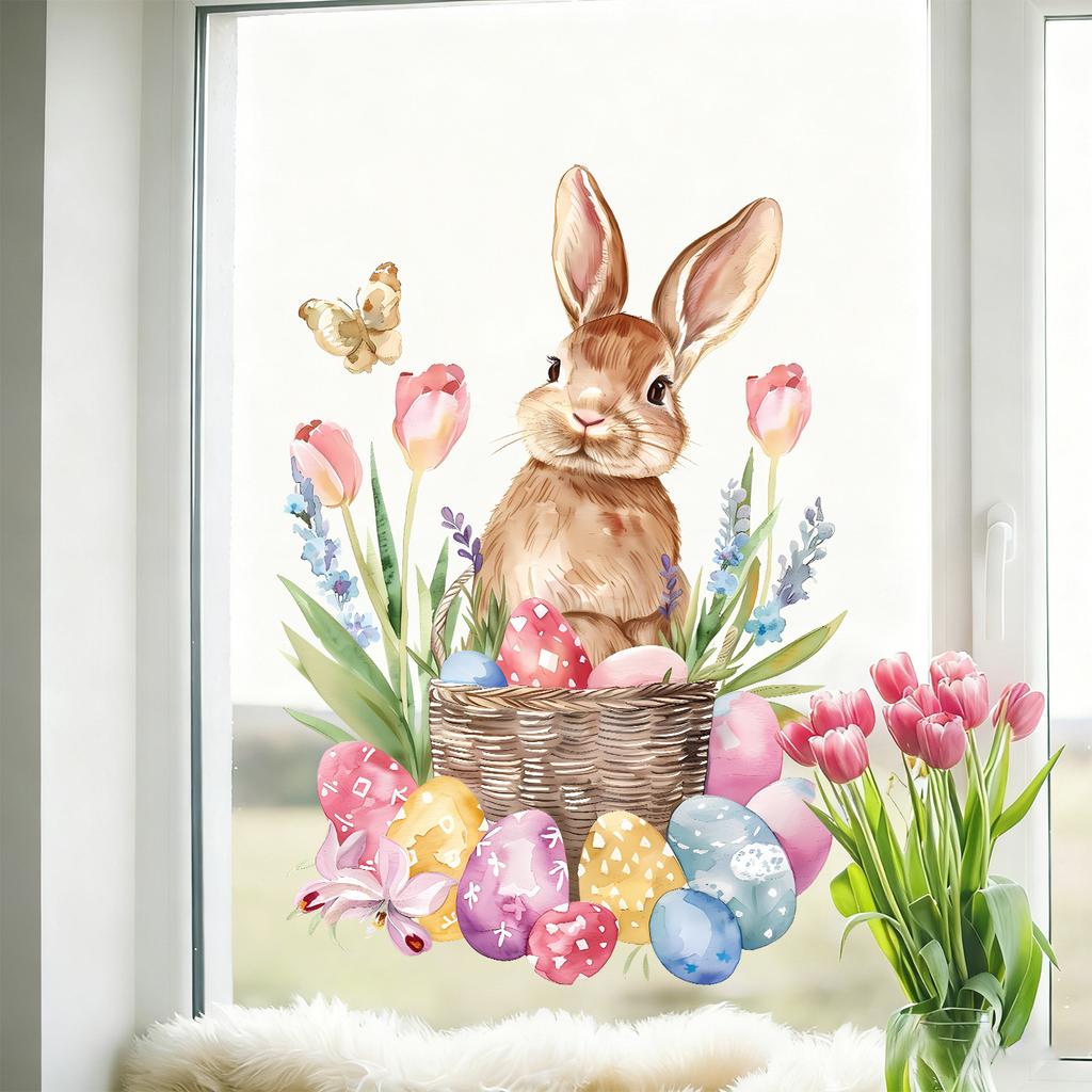 Easter Tulips, Eggs, Butterfly and Bunny Static Cling Window Stickers No Glue Removable for Bedroom Living Room Study Holiday Decor