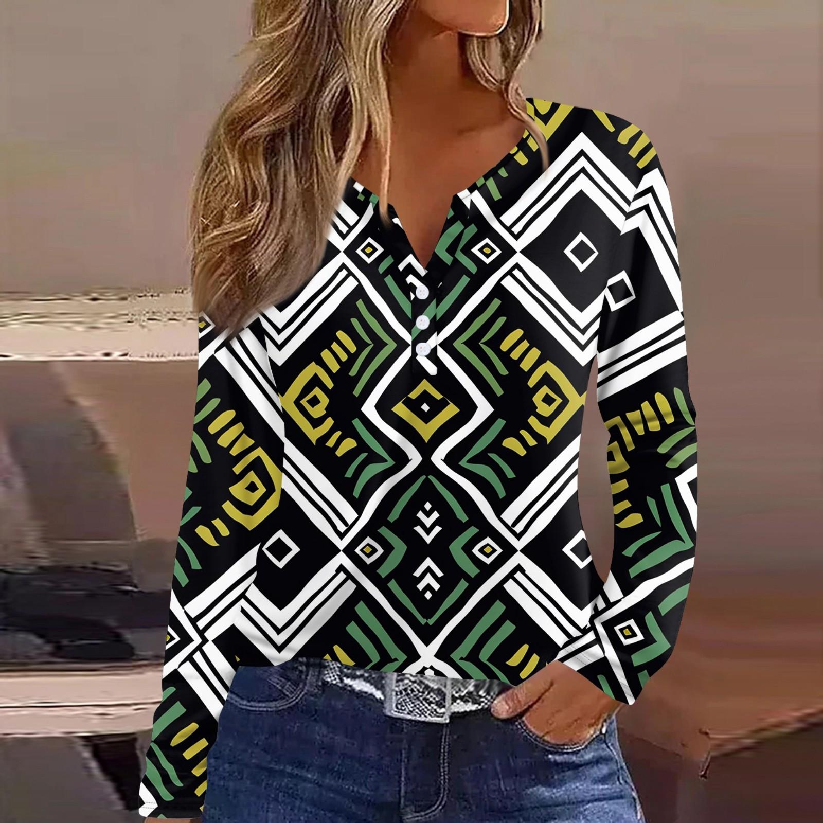 

Женская футболка Футболка на пуговицах с длинным рукавом Повседневные выходные Мода Классический V-образный вырез Ретро-принт Обычный топ XL зелёный
