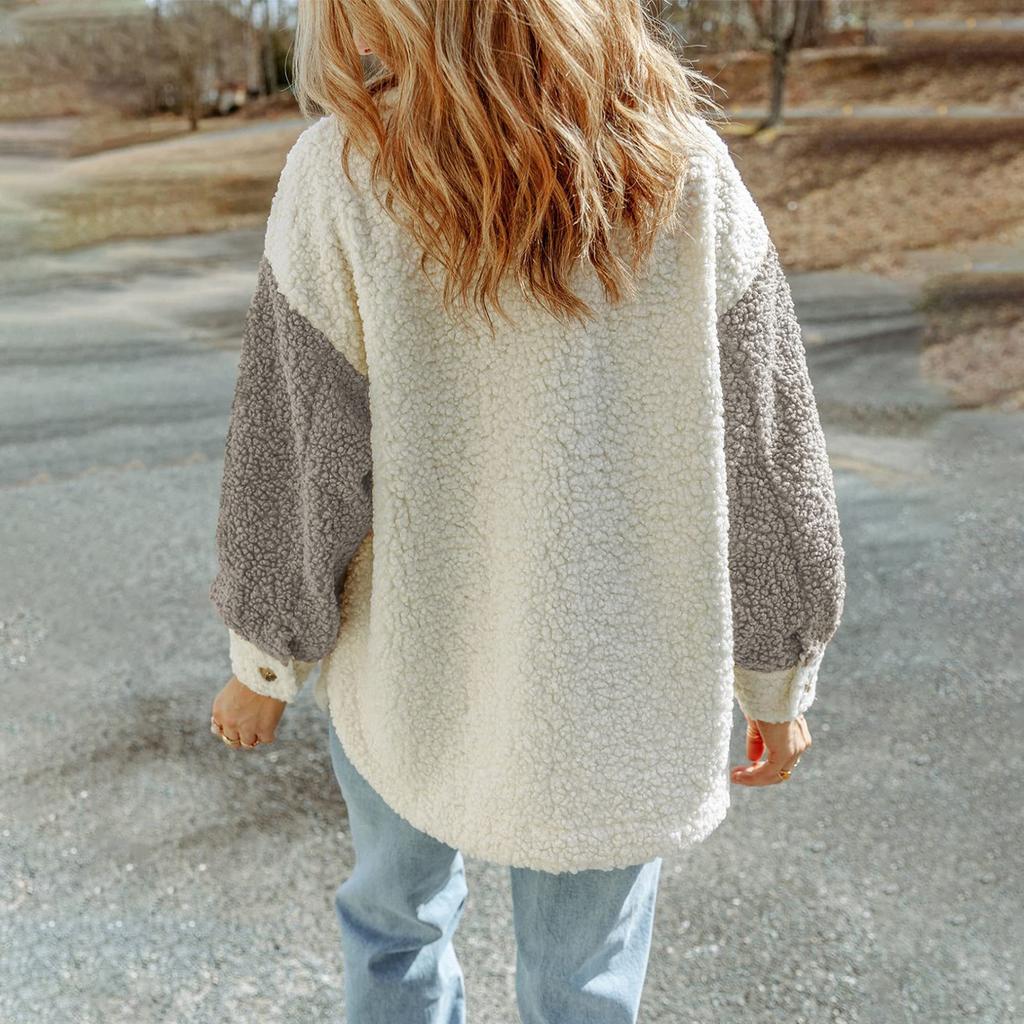 Women's Fashion Plush Button Long Sleeve Stitching Warm Sweater Tops Coat Winter Pocketed Coats