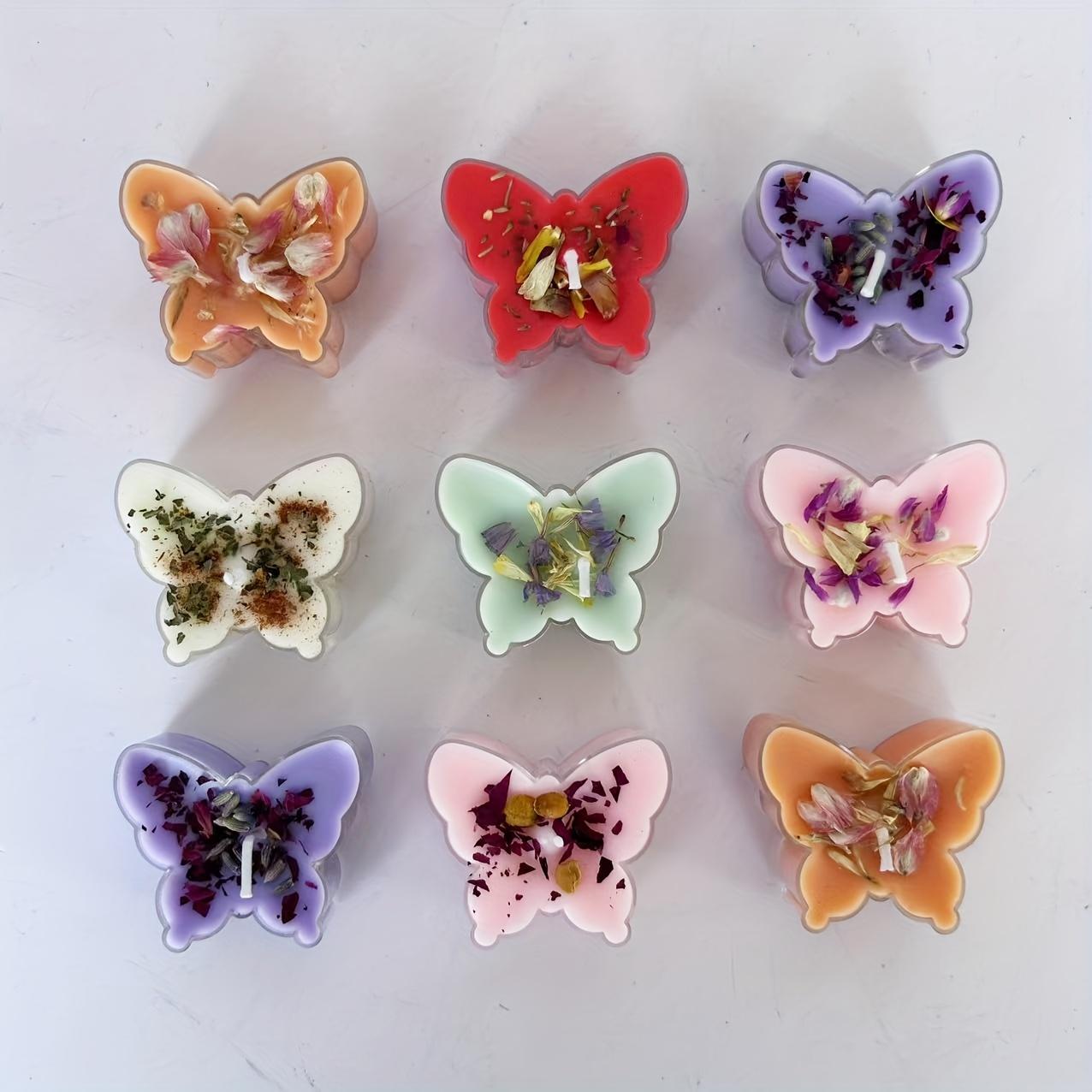 9pcs Soy Wax Butterfly Tea Light Candles in Glass Holders with Dried Flower Decorations Lavender Scented Soy Wax 1.97 inch&fresh spring