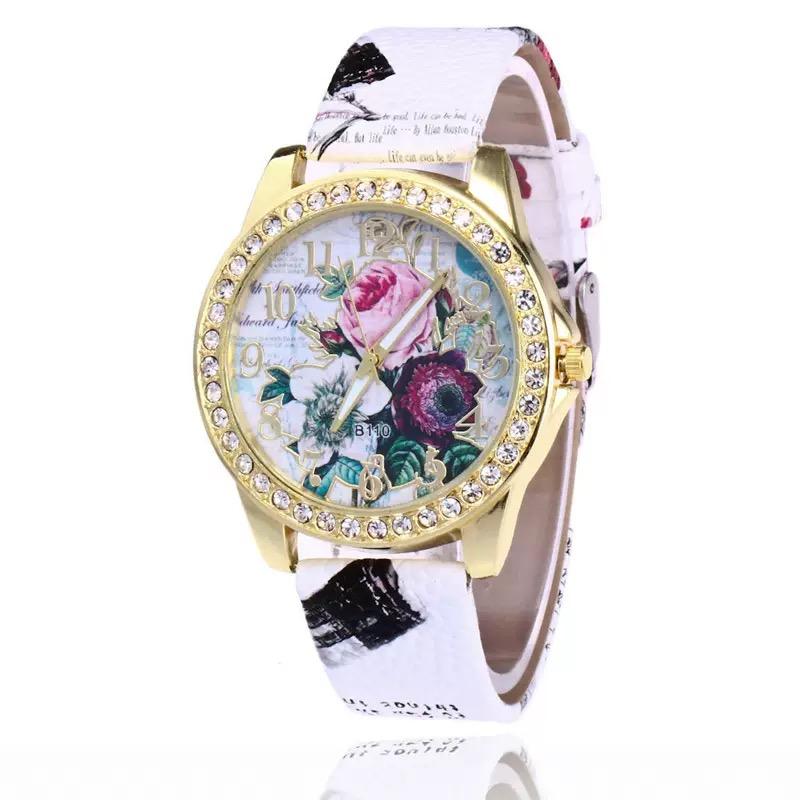 

Женские кварцевые наручные часы с инкрустацией стразами и цветком, круглый циферблат из искусственной кожи, модные кварцевые наручные часы для женщин