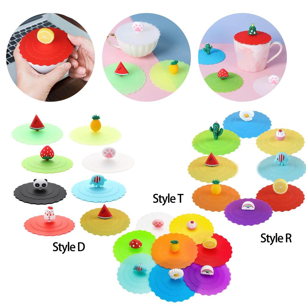 8Pcs Silicone Drink Cup Lids 10cm Creative Round Mug Cover Reusable Anti Dust Cup Covers Cartoon Coffee Mug Lid