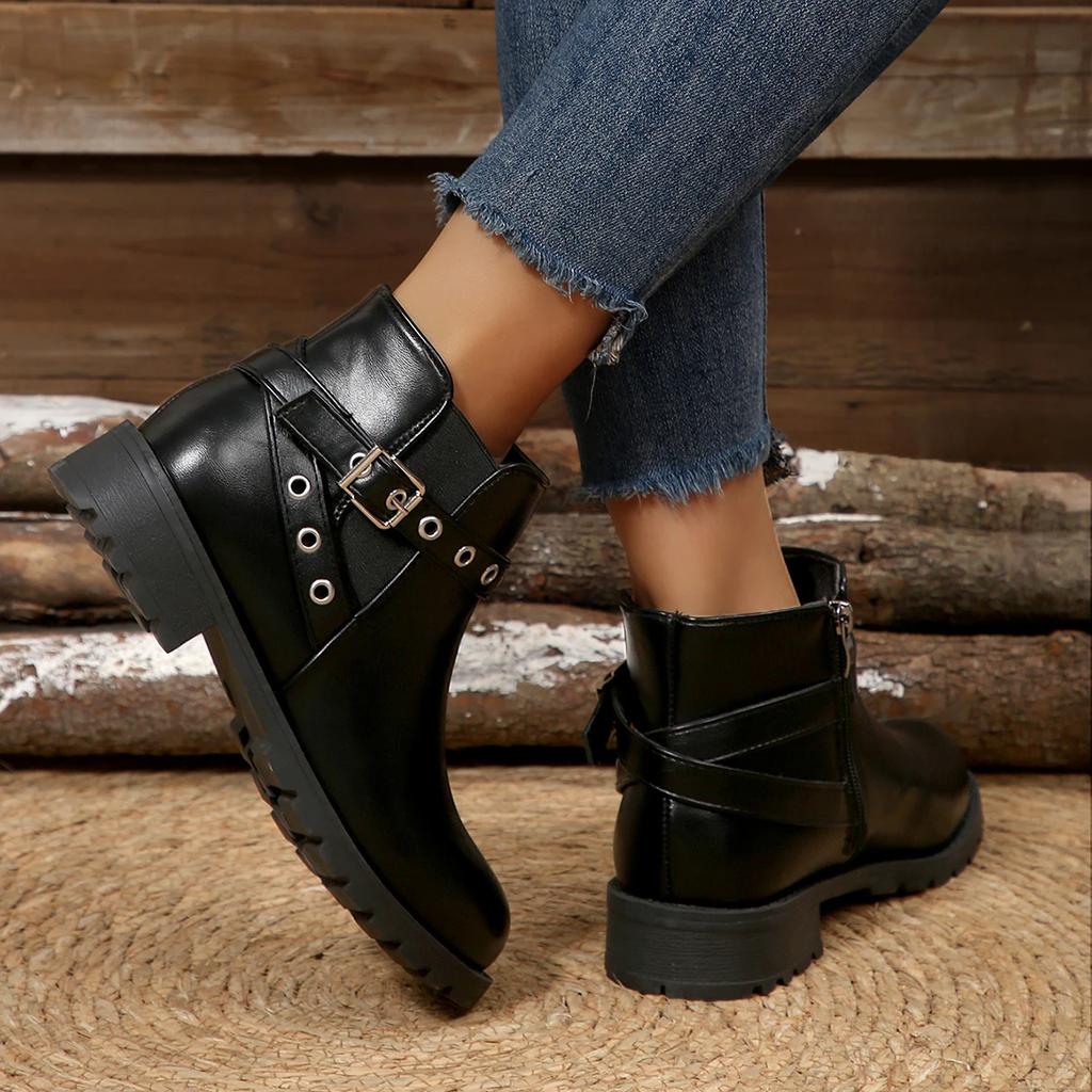Fashion Women Boots Fashion Metal Buckle Short Boots Chunky Heel Ankle Boots Women Lightweight Comfortable Round Toe Shoes for Women
