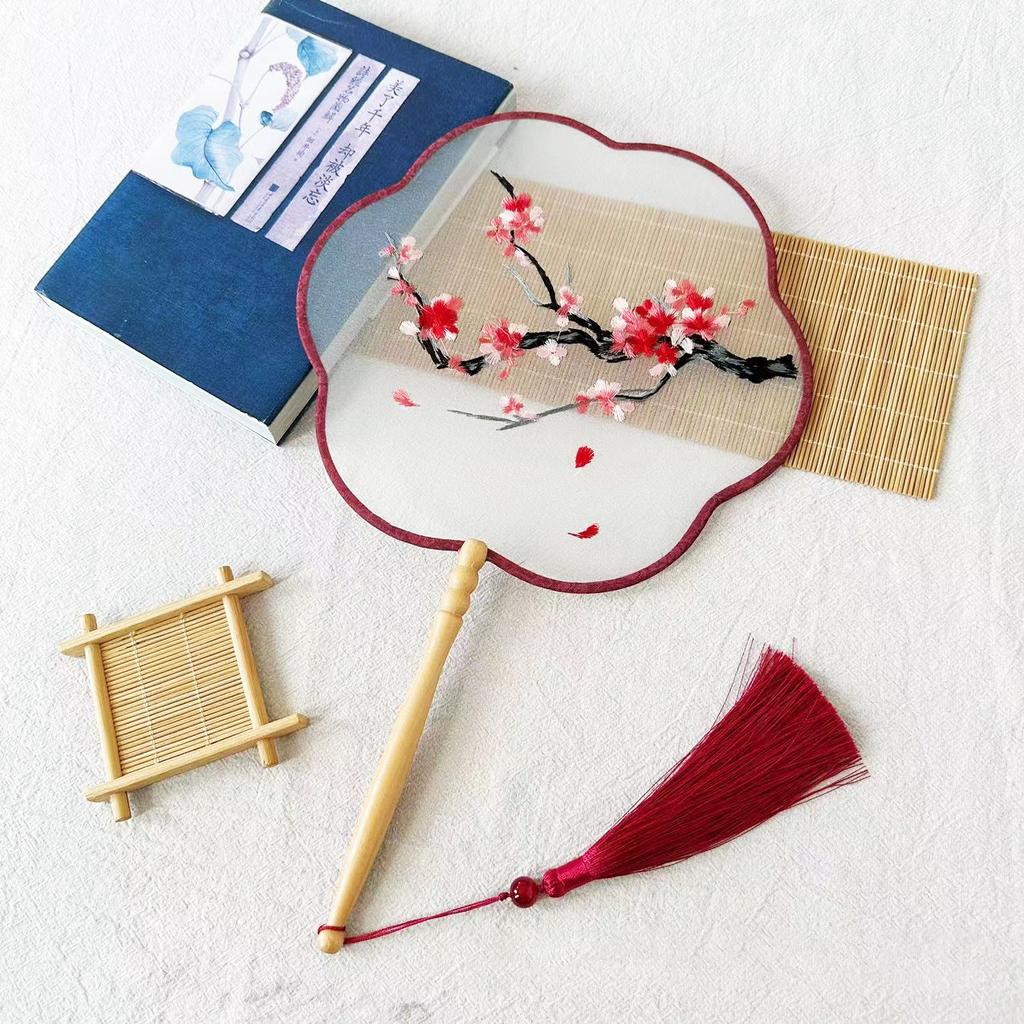 Embroidery Round Fan Classical Long Handle Group Fan Dance Fans Photography Props Home Decor