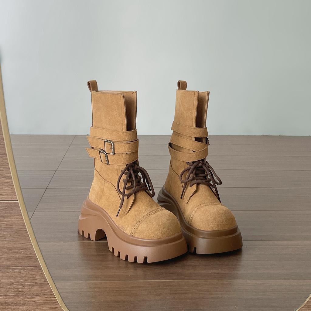 Mid Calf Women Boots Flats Platform Shoes Lace Up Casual Shoes Woman Winter 2025 New Buckle Chelsea Boots Sport Walking Shoes