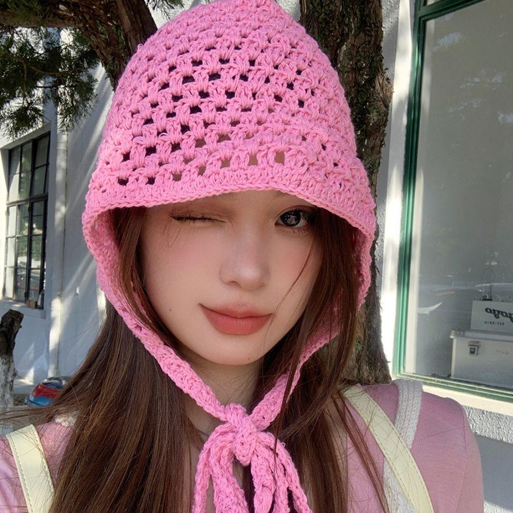 Lace-up Triangular Towel Hollow Beanie Hat Fashion Crochet Hat