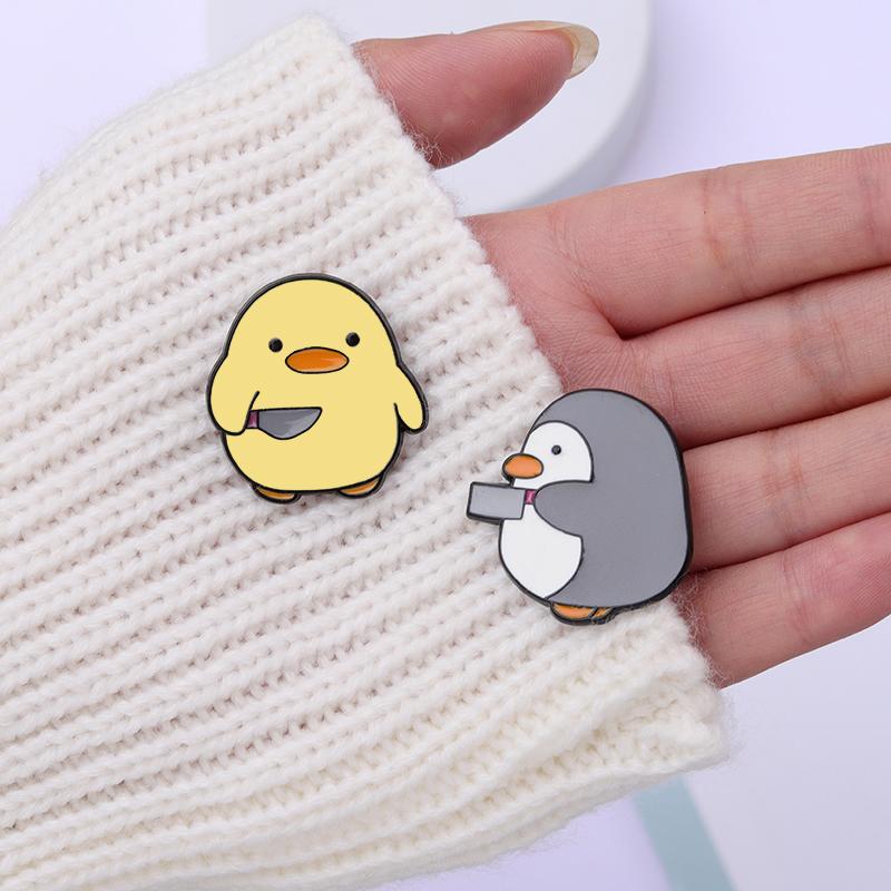 Cutie Killer Enamel Pins Chick Little Penguin Dagger Knife Brooches Lapel Badges Cartoon Fun Animal Jewelry Gift for Kids Friend