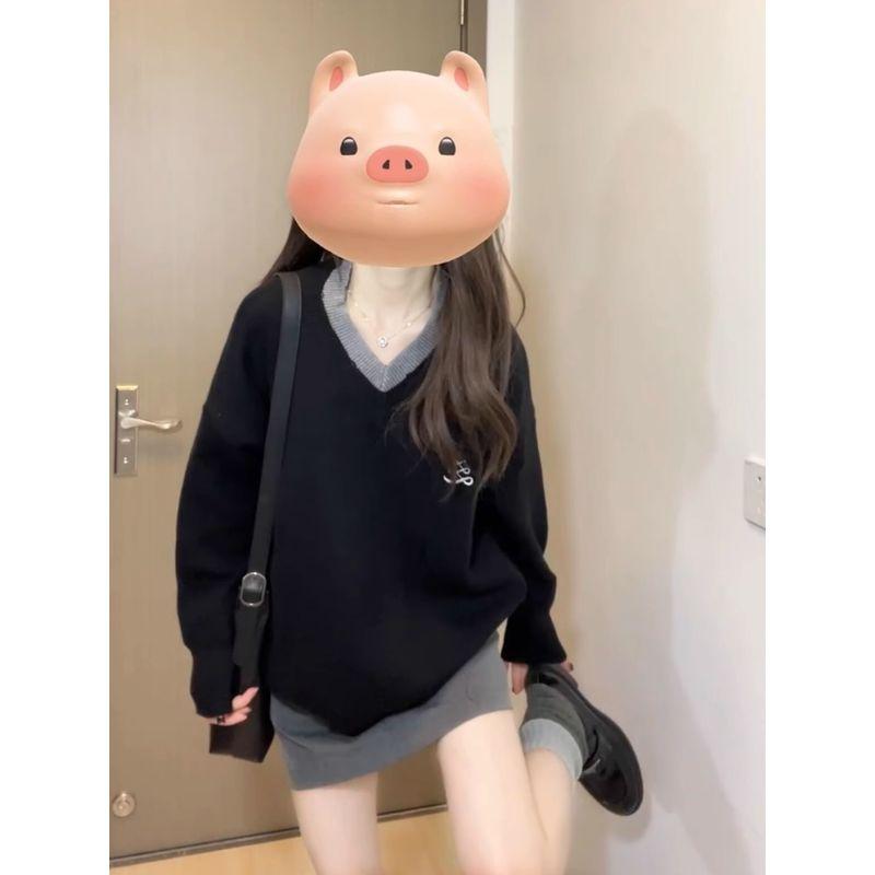 

Black Gray Collar Sweater Loose Casual Knitted False Two Pieces Black S [Suggested 37.50 kg-45.00 kg]]