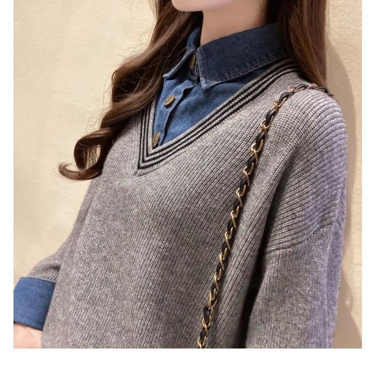Fashion Women's Denim Patchwork Shirt Collar Sweater Autumn Winter Knit Loose Pullover Fake Two-Piece Top