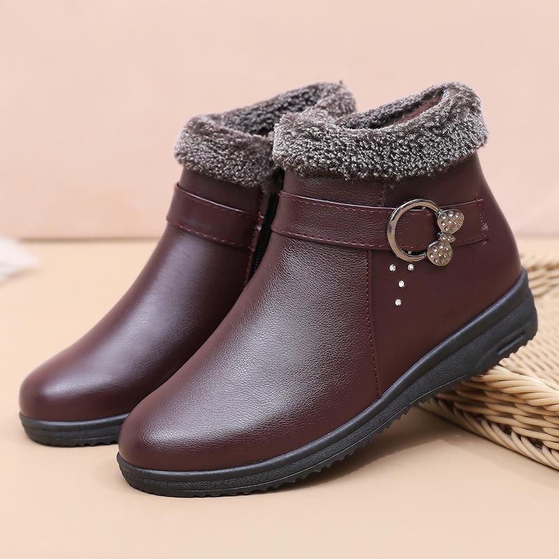 Warm Elderly Cotton Shoes Women's Winter Shoes Fleece Non-slip Flat Sole Soft Sole Comfortable Leather Shoes Lightweight